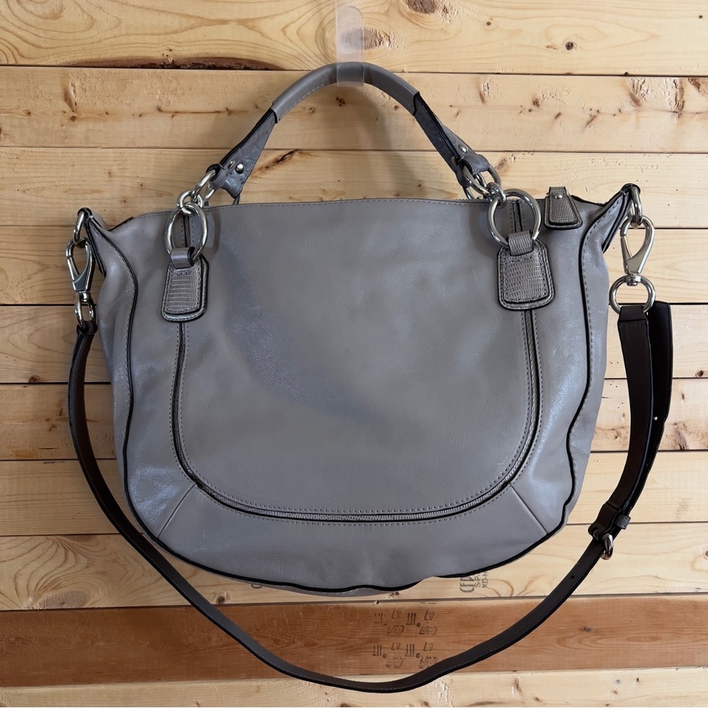 Coach Kristin Spectator Gray Taupe Leather Croc Trim Zip Satchel Crossbody Bag - Picture 2 of 14